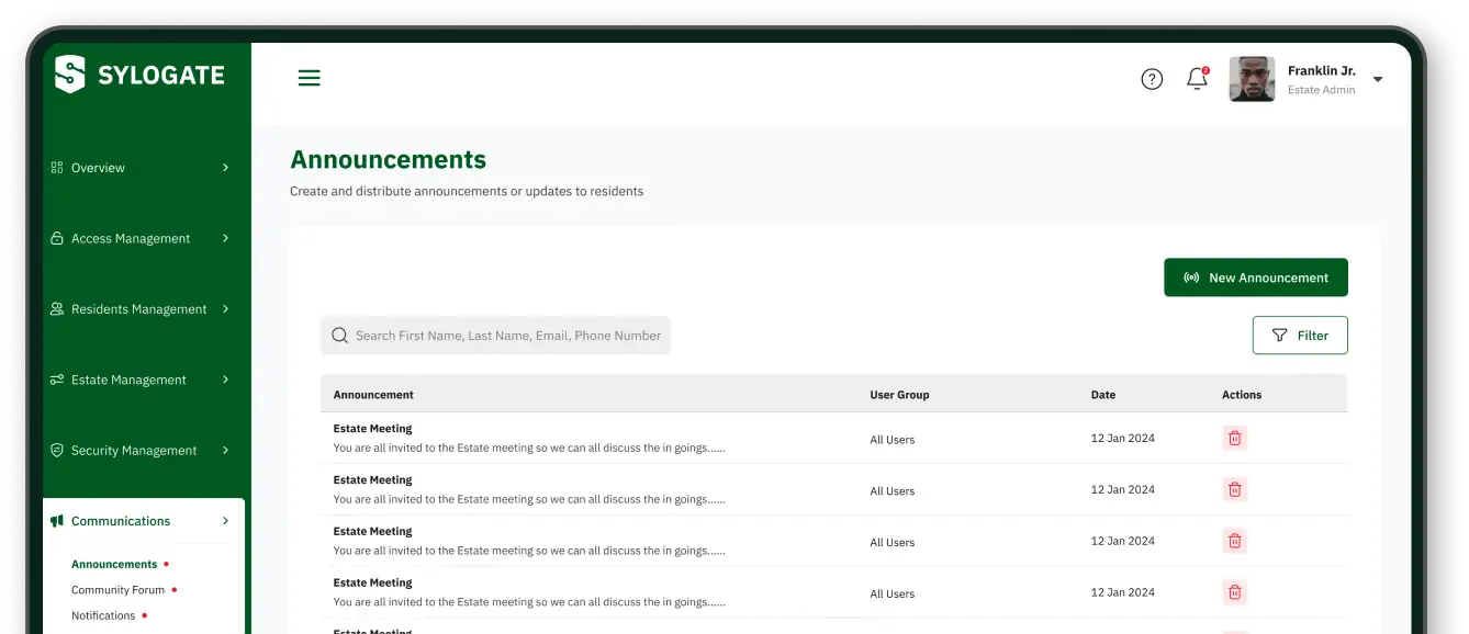 Sylogate's Announcements feature displaying a dashboard where admins can broadcast updates about maintenance, community events, and security issues via multiple channels.