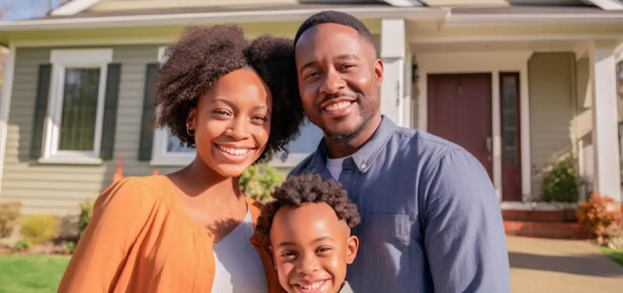 A smiling family standing in front of their home, symbolizing the residents benefiting from Sylogate's estate management and security solutions.