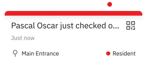 Notifications of a resident's recent check-in and check-out at the main entrance, highlighting real-time tracking of estate entry activities. exit-image