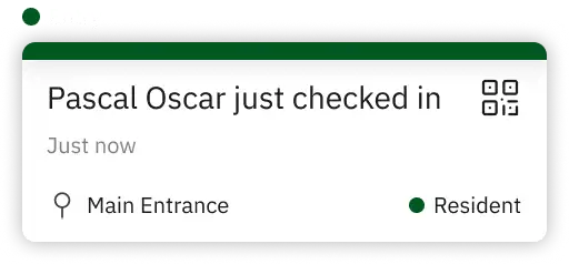 Notifications of a resident's recent check-in and check-out at the main entrance, highlighting real-time tracking of estate entry activities. entry-image